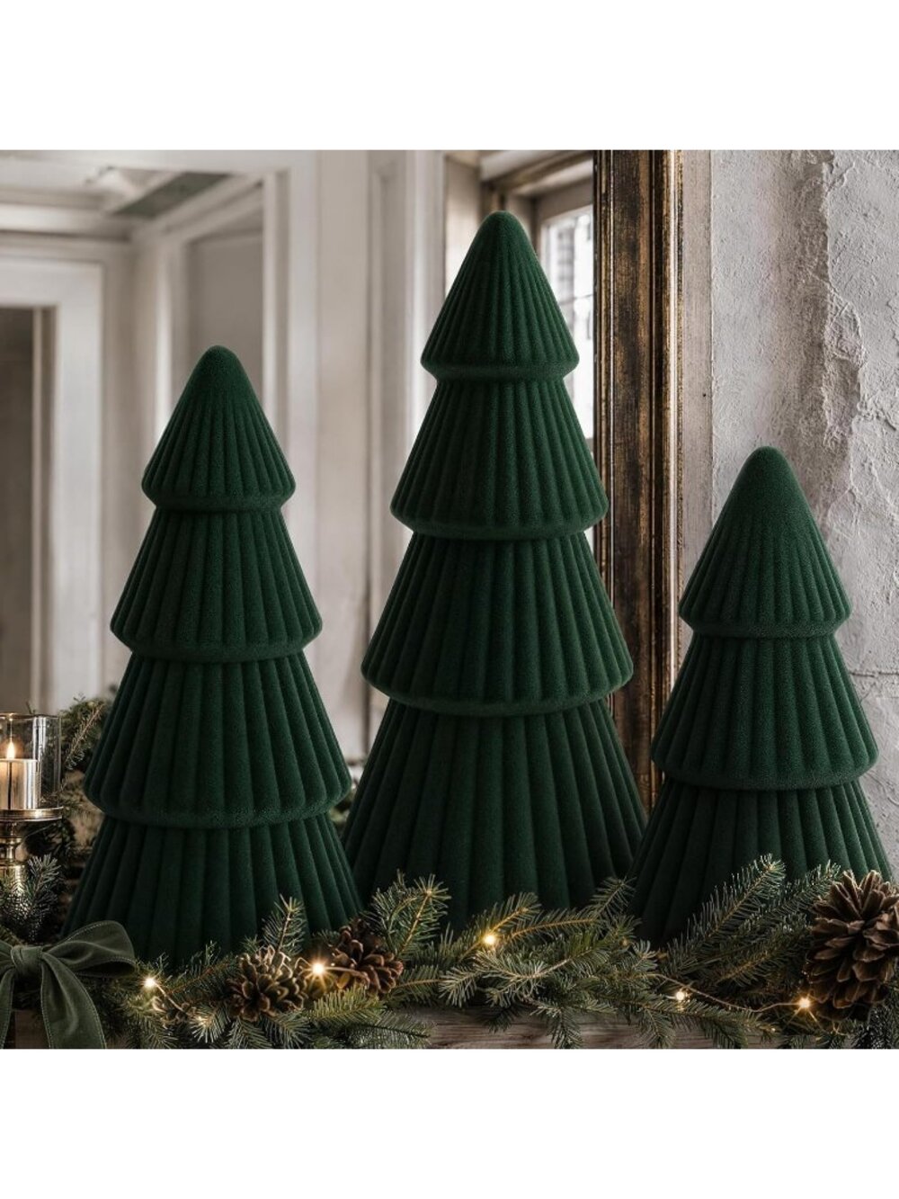 🎄3 Green Velvet Ceramic Christmas Indoor Mini Table Top Christmas Tree Decor
